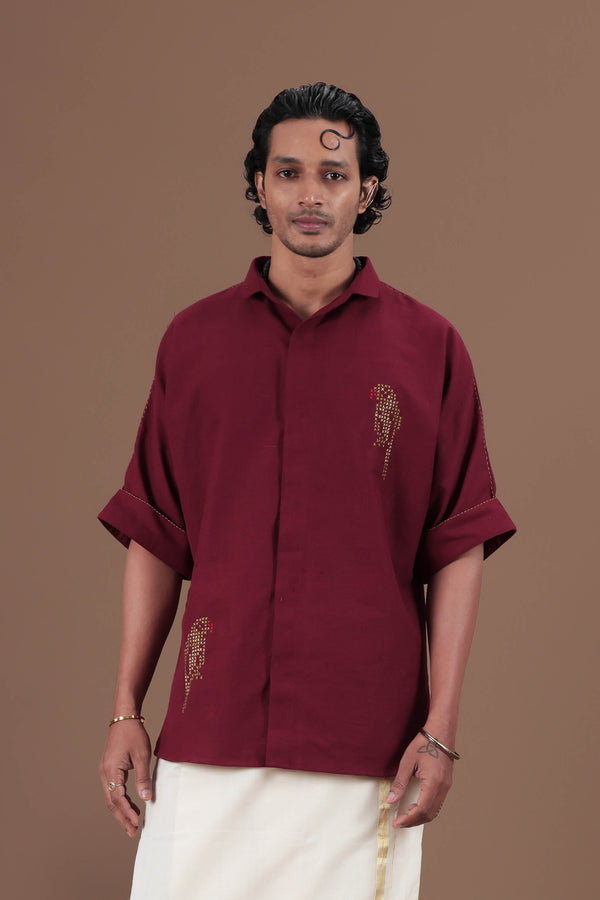 Cross stitch Parrot Motif Hand Embroidered Men's shirt