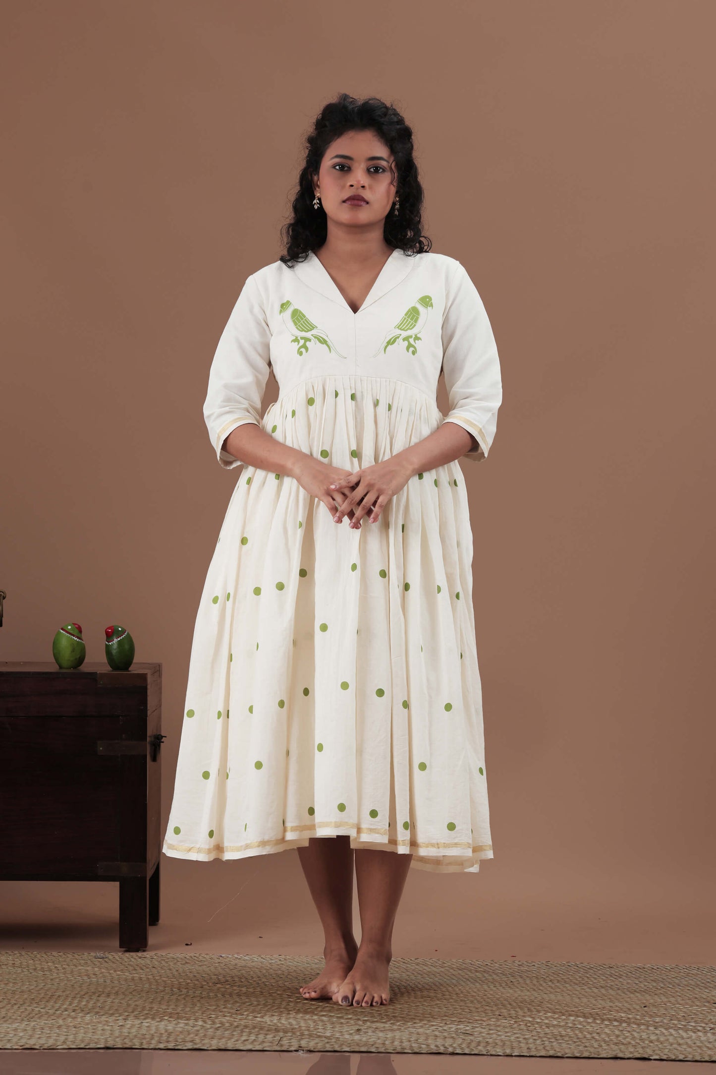 All over polka dots and parrot motif Dress