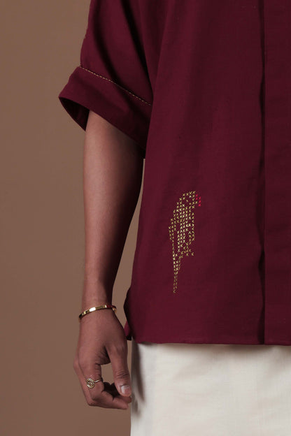 Cross stitch Parrot Motif Hand Embroidered Men's shirt
