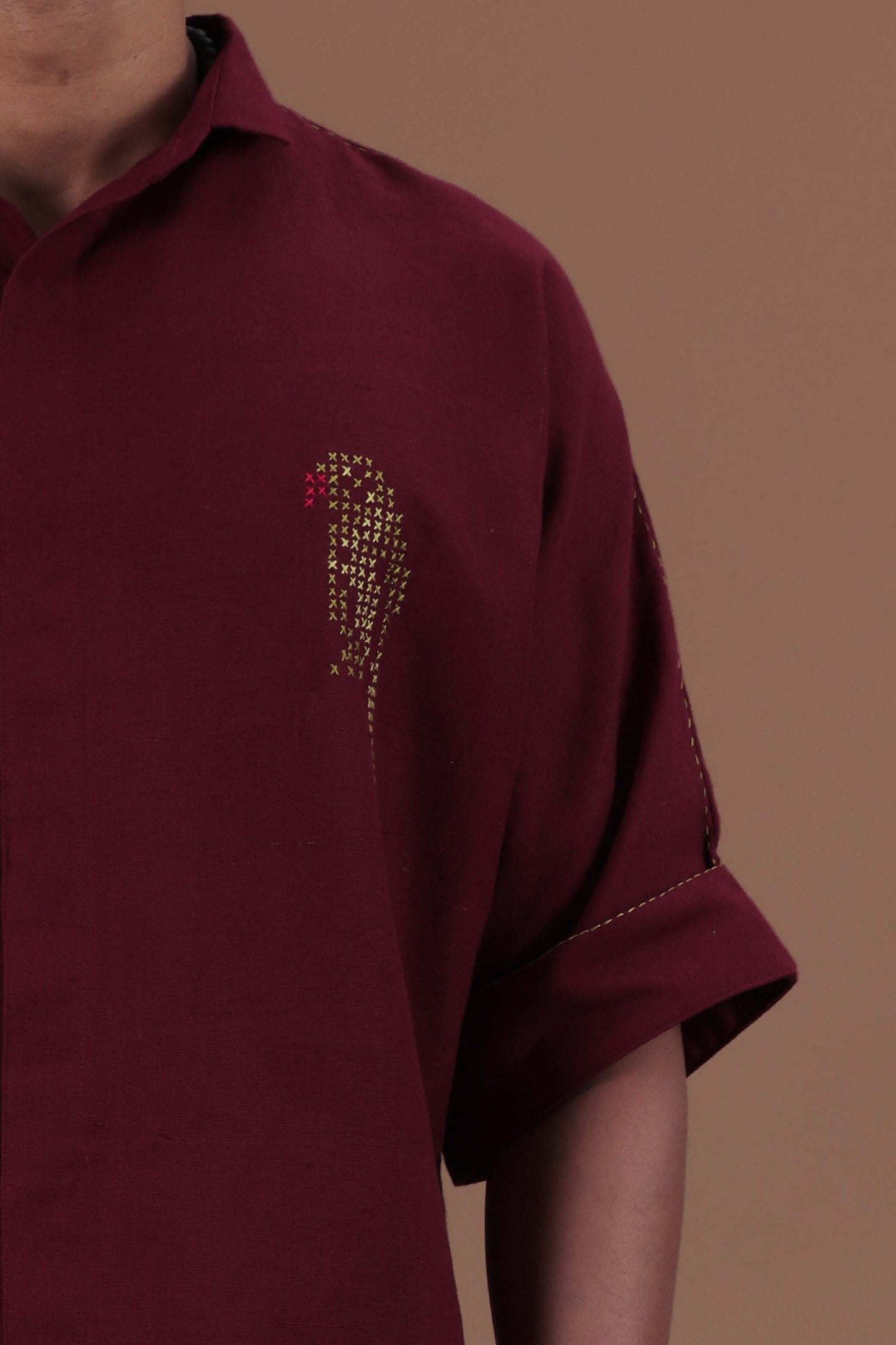Cross stitch Parrot Motif Hand Embroidered Men's shirt