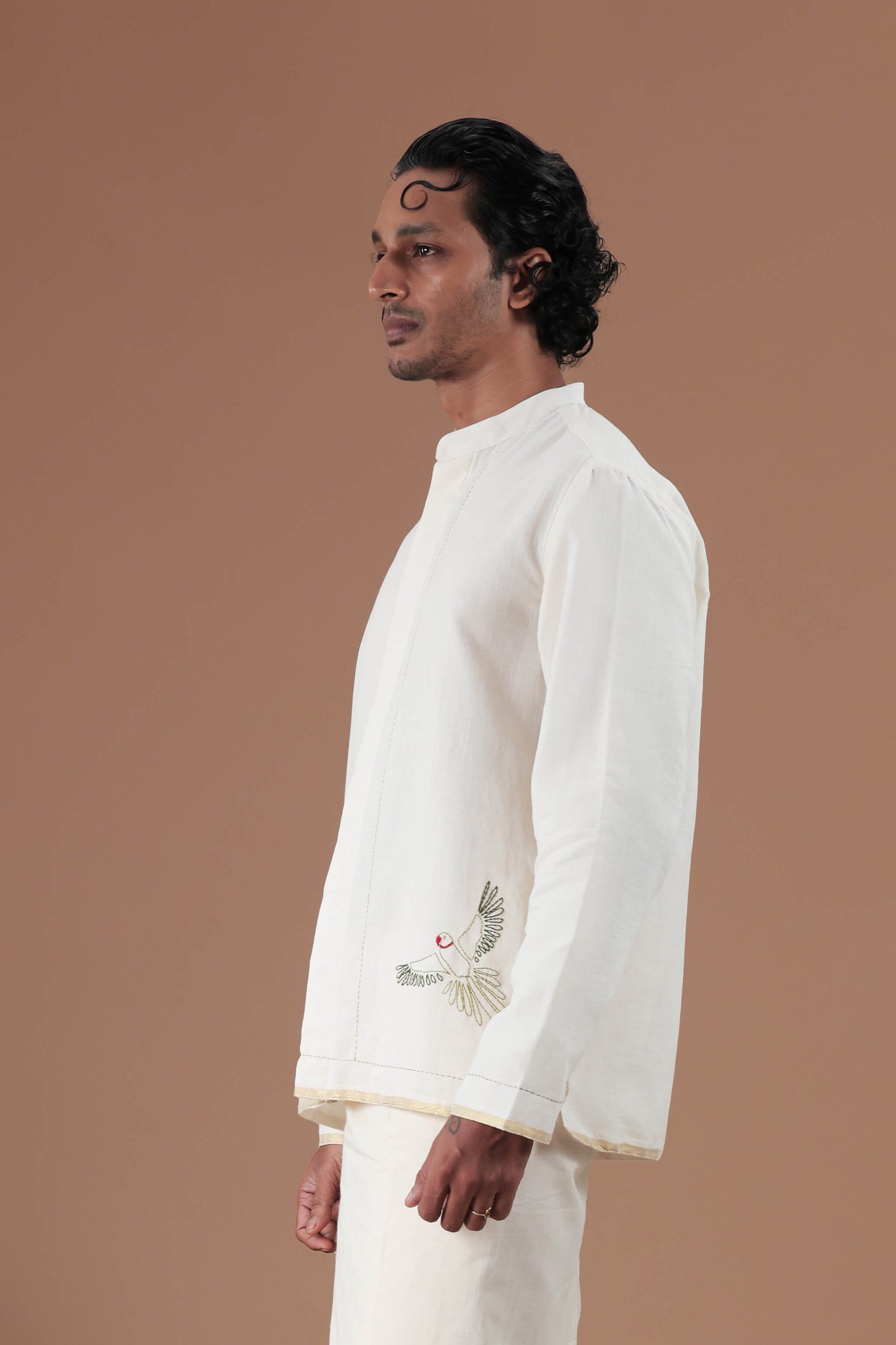 Mandrain Collar Parrot Motif Hand Embroidered  Men's shirt
