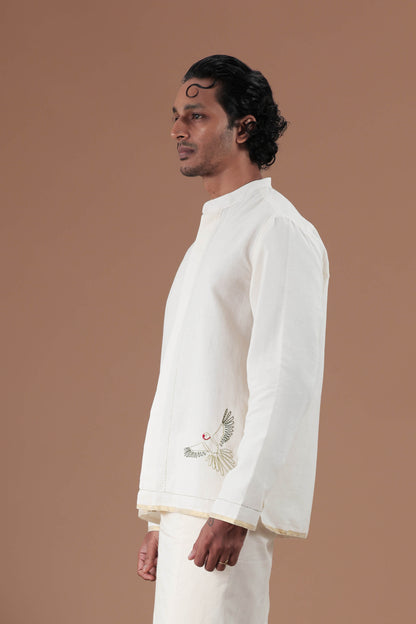 Mandrain Collar Parrot Motif Hand Embroidered  Men's shirt