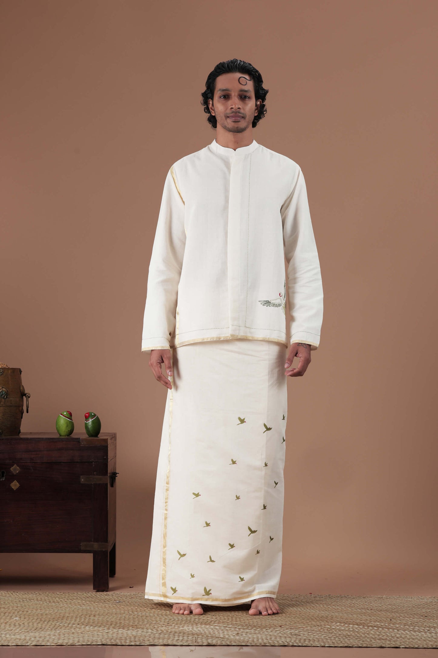 Mandrain Collar Parrot Motif Hand Embroidered  Men's shirt