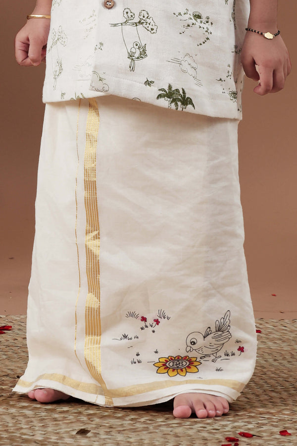 Parrot Doodle Screen Printed & Hand Painted Mundu for Kids