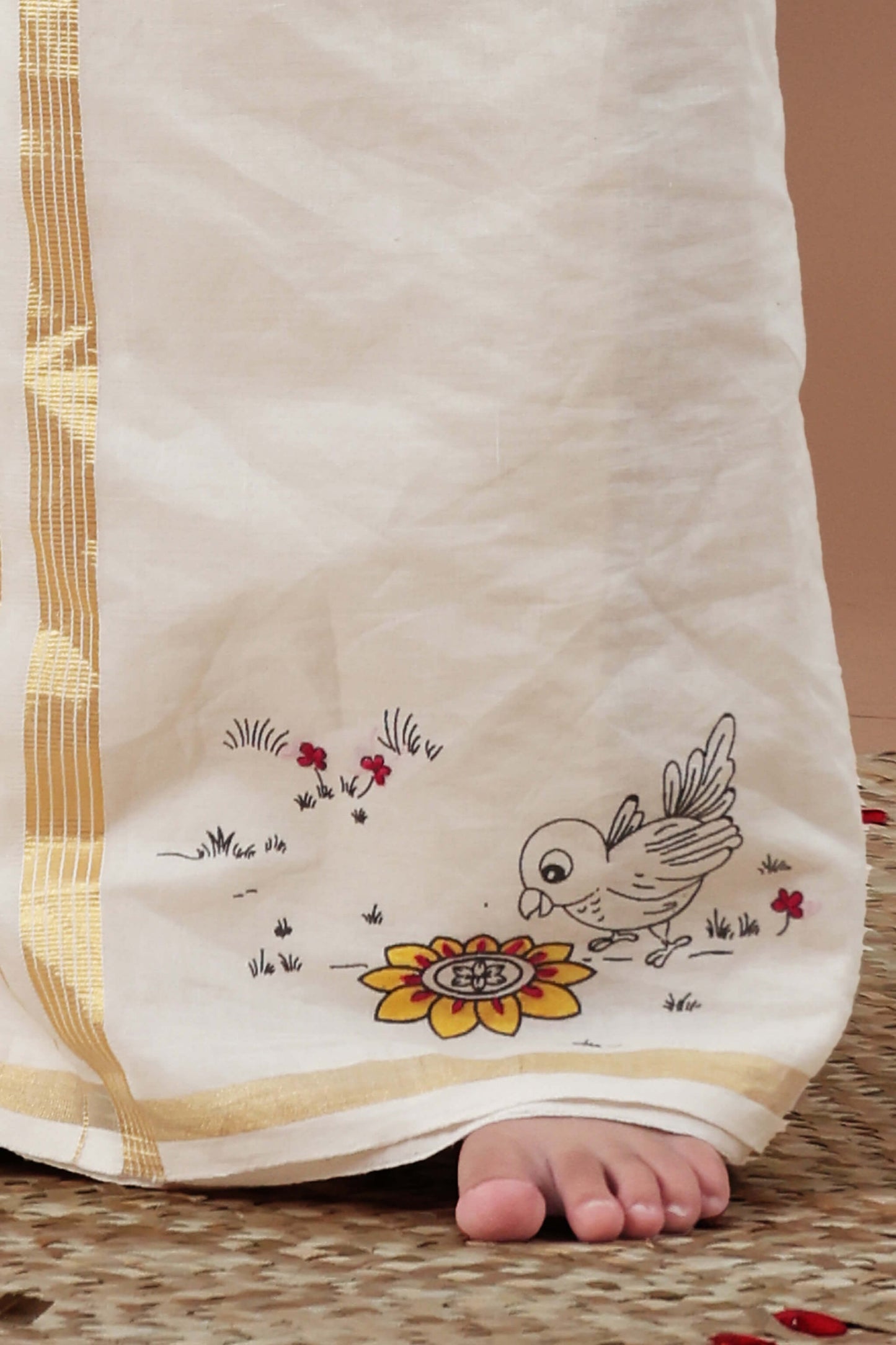 Parrot Doodle Screen Printed & Hand Painted Mundu for Kids