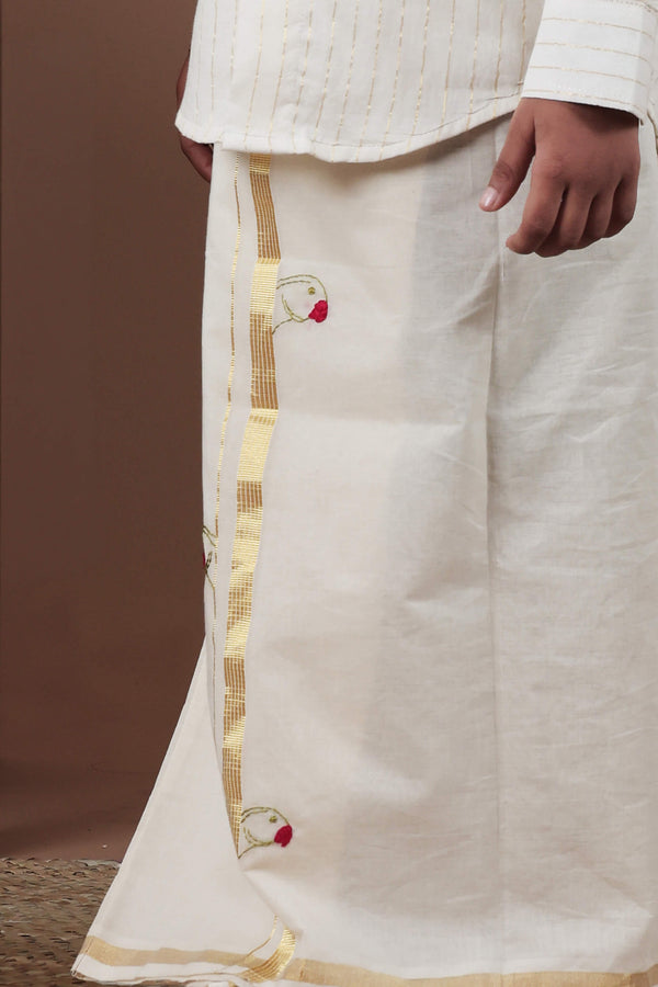 Parrot Hand Embroidery Kasavu Mundu with Golden zari for Kids