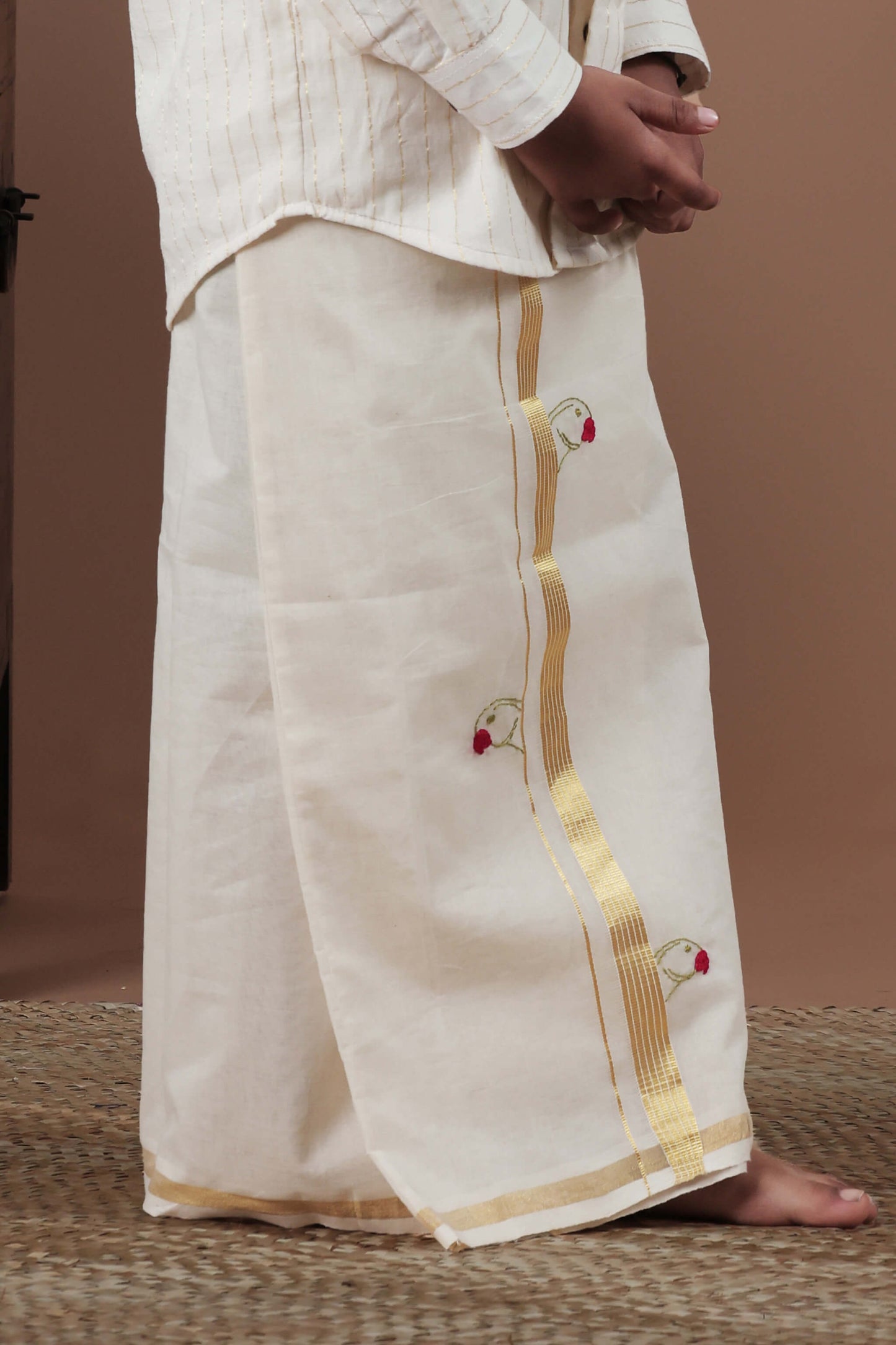 Parrot Hand Embroidery Kasavu Mundu with Golden zari for Kids