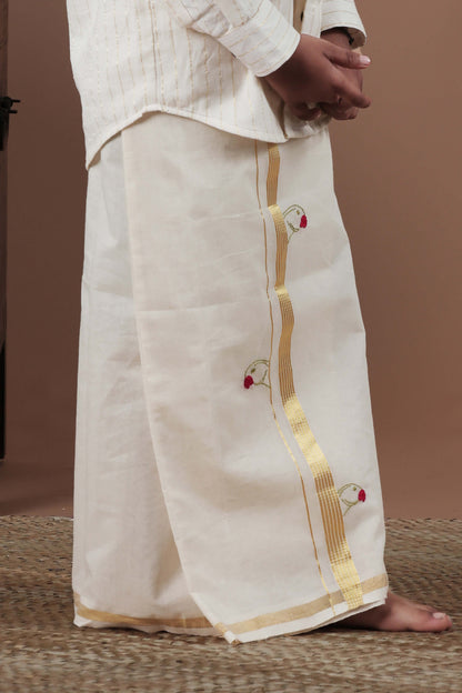 Parrot Hand Embroidery Kasavu Mundu with Golden zari for Kids