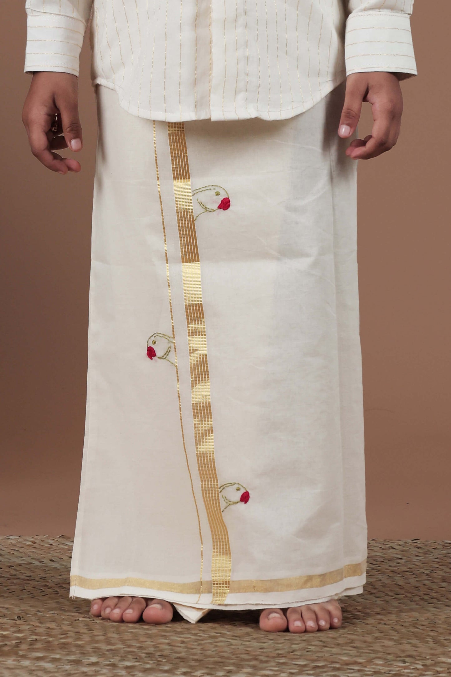 Parrot Hand Embroidery Kasavu Mundu with Golden zari for Kids