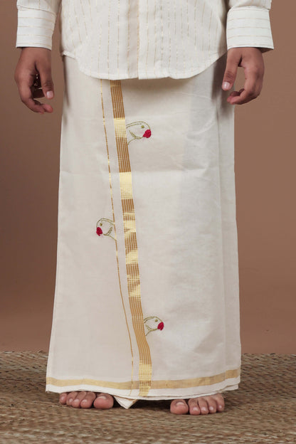Parrot Hand Embroidery Kasavu Mundu with Golden zari for Kids