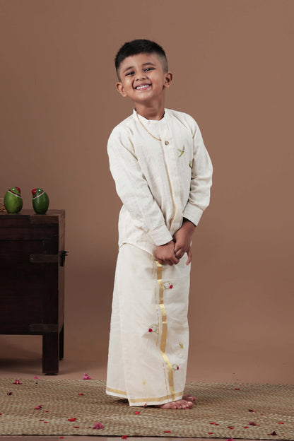 Parrot Hand Embroidery Kasavu Mundu with Golden zari for Kids