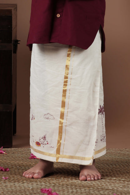 Kerala design Screen Printed & Hand Painted Mundu