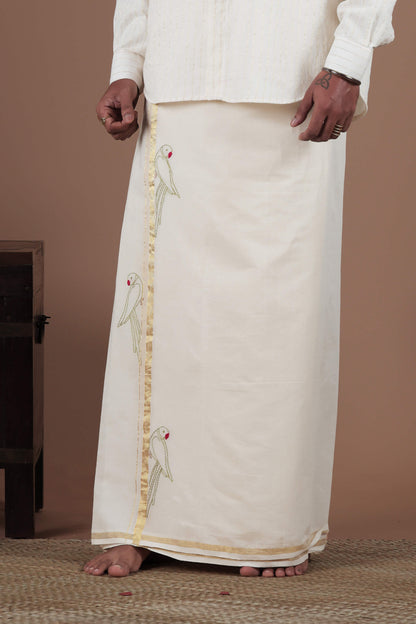 Parrot Motif Hand Embroidered Along Kasavu mundu