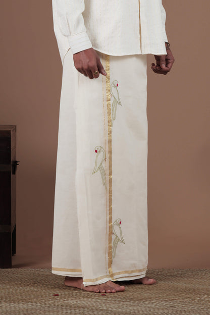 Parrot Motif Hand Embroidered Along Kasavu mundu