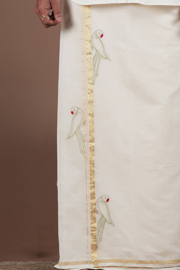 Parrot Motif Hand Embroidered Along Kasavu mundu