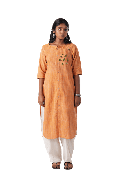 Light Orange Kurta With Green Embroidery