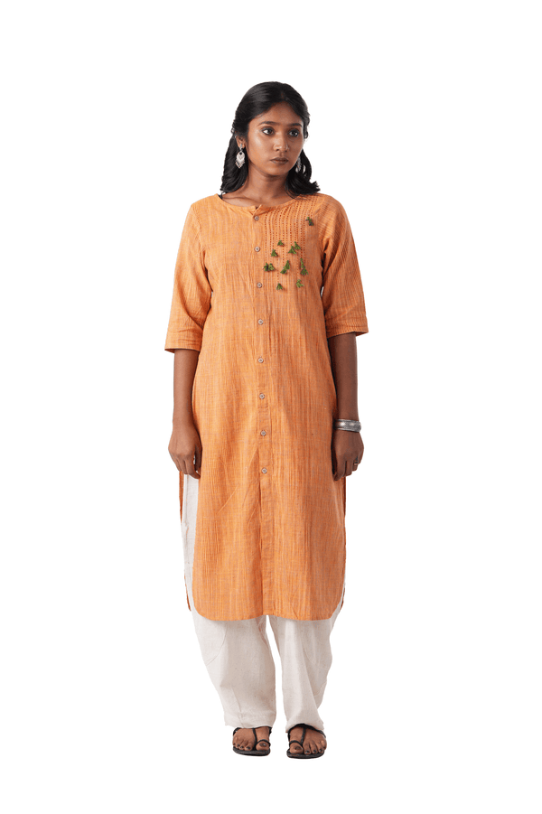 Light Orange Kurta With Green Embroidery