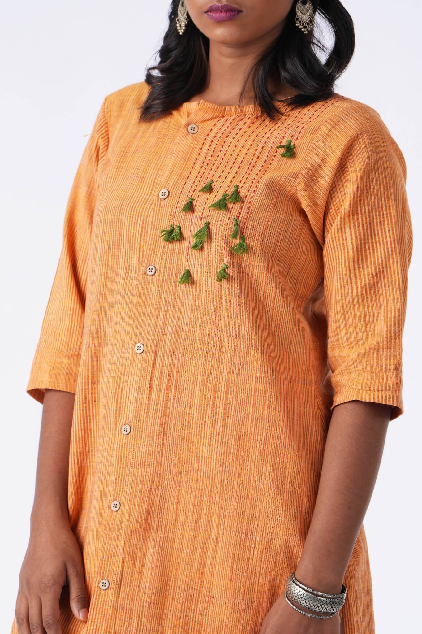 Light Orange Kurta With Green Embroidery