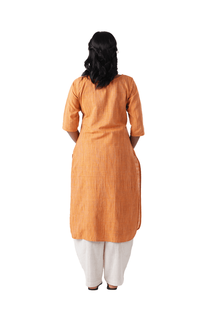 Light Orange Kurta With Green Embroidery